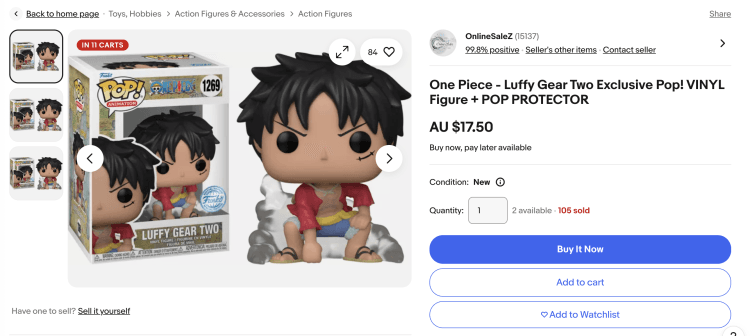 eBay: One Piece – Luffy Gear Two Exclusive Pop! VINYL Figure + POP PROTECTOR – $17.50